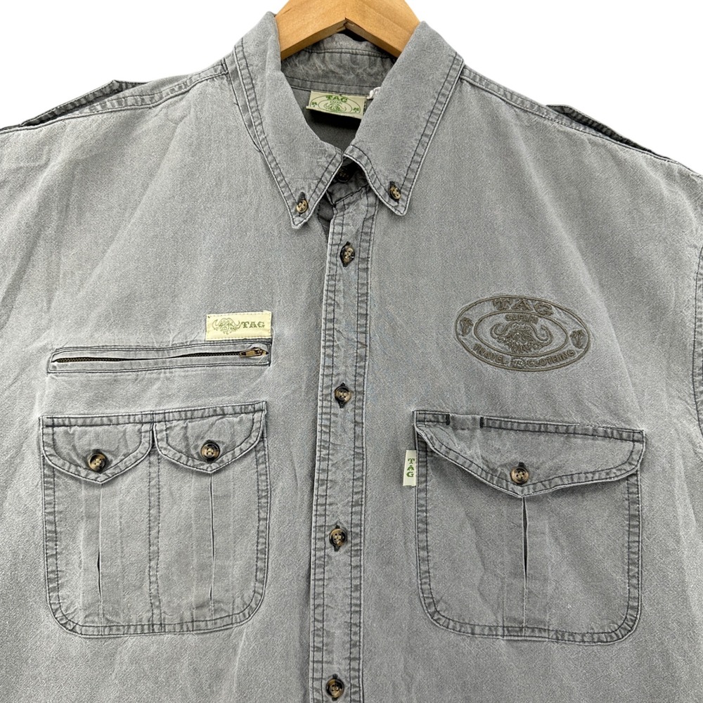 TAG Safari Travel Clothing Mens XL Gray Short Sleeve Button Down Utility Shirt